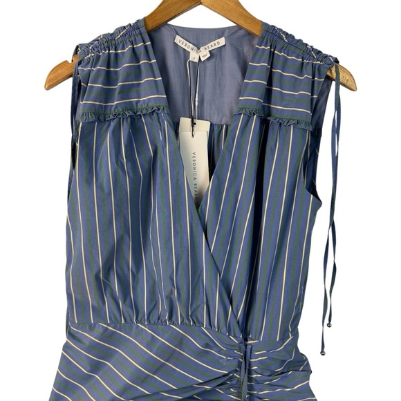 NWT Veronica Beard Teagan Stripe Ruched V-Neck Midi Dress Blue Size 6 Side Slit - Picture 3 of 16